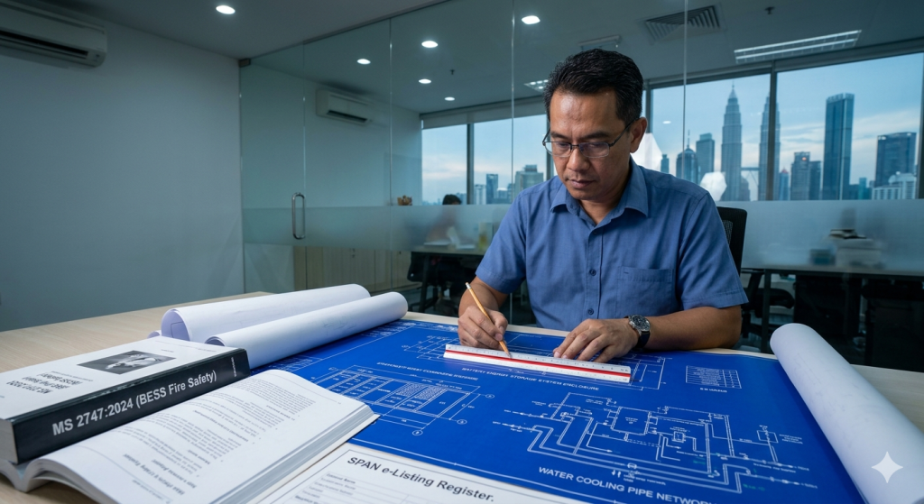 Malaysian M&E Consultant reviewing complex blueprints for BESS and SPAN water infrastructure compliance using MS 2747:2024 and SPA e-Listing registry data.